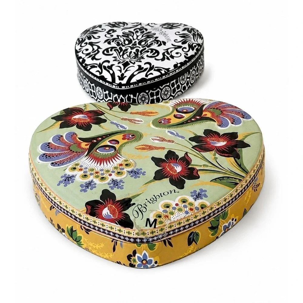 Brighton Heart Shaped  2 Tins Floral Peacock Damask Decorative Storage Box 86-02